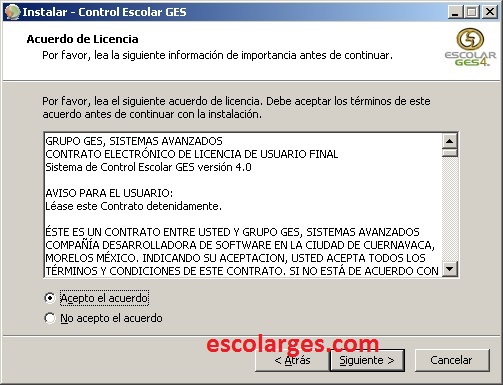 Aceptar acuerdo de licencia de Escolar GES
