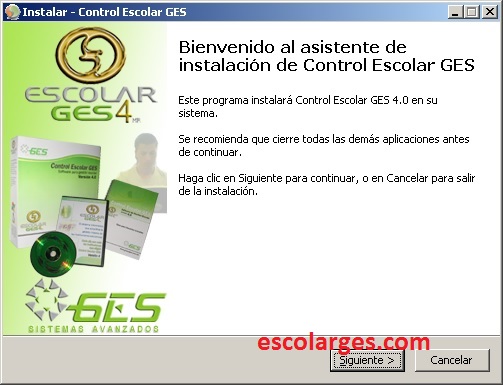 Pantalla de bienvenida del instalador de Escolar GES
