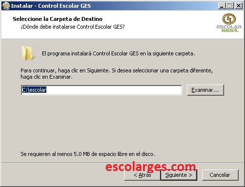 Carpeta de destino de instalación de Escolar GES