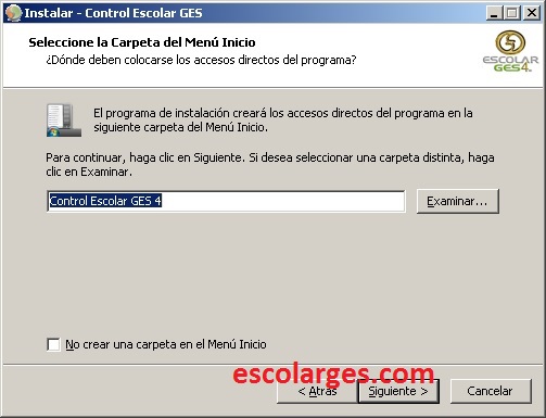Carpeta del menú inicio de Escolar GES