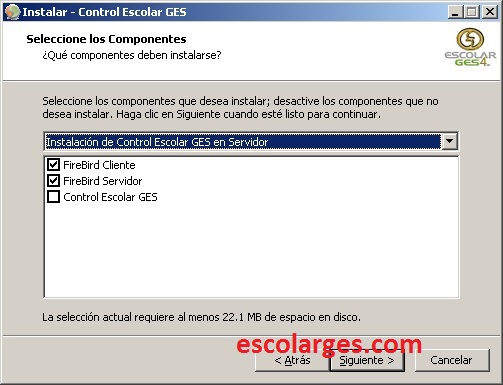 Opciones de componentes de instalación de Escolar GES