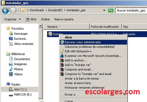 Ejecutar instalador de Escolar GES como administrador