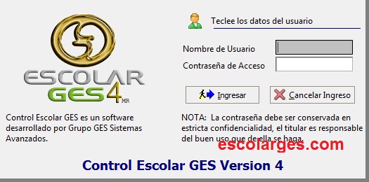 Pantalla de inicio de sesión de Escolar GES 4