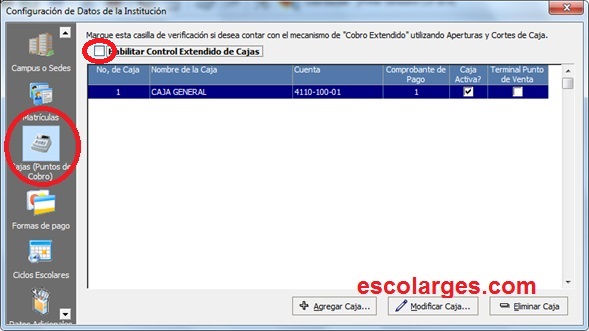 Configuración de caja en Escolar GES