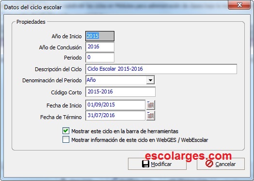 Pantalla de ciclos escolares en Escolar GES