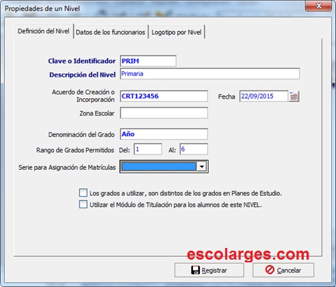 Configuración de nivel educativo en Escolar GES