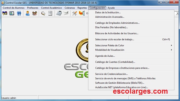 Menú configuración de Escolar GES